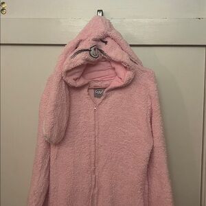 Funzies adult size Small Pink Fuzzy Bunny Hooded Onesie with zip pockets
